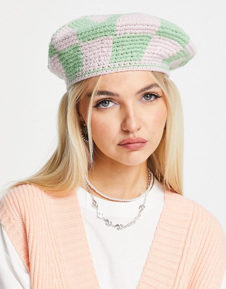 Asos Design Checkerboard Knit Crochet Beret In Multi