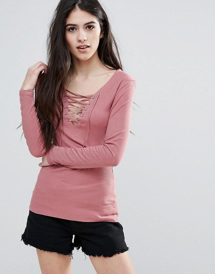 Brave Soul Lace Up Top - Pink