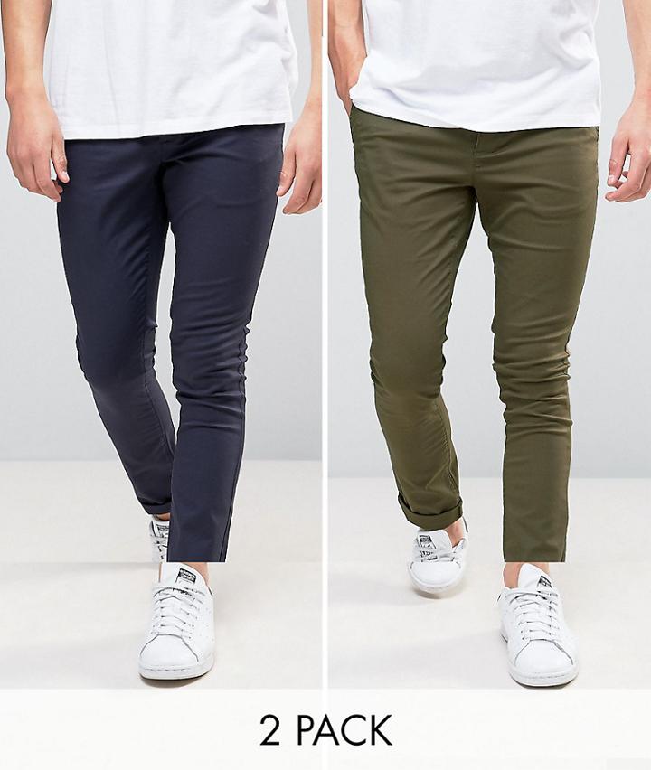 Asos 2 Pack Super Skinny Chinos In Khaki & Navy Save-multi