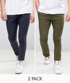 Asos 2 Pack Super Skinny Chinos In Khaki & Navy Save-multi