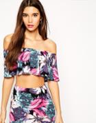 Asos Petite Exclusive Co-ord Ruffle Bardot Crop Top In Print - Multi