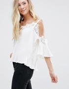 Qed London Lace Neck Cold Shoulder Angel Sleeve Top - Cream