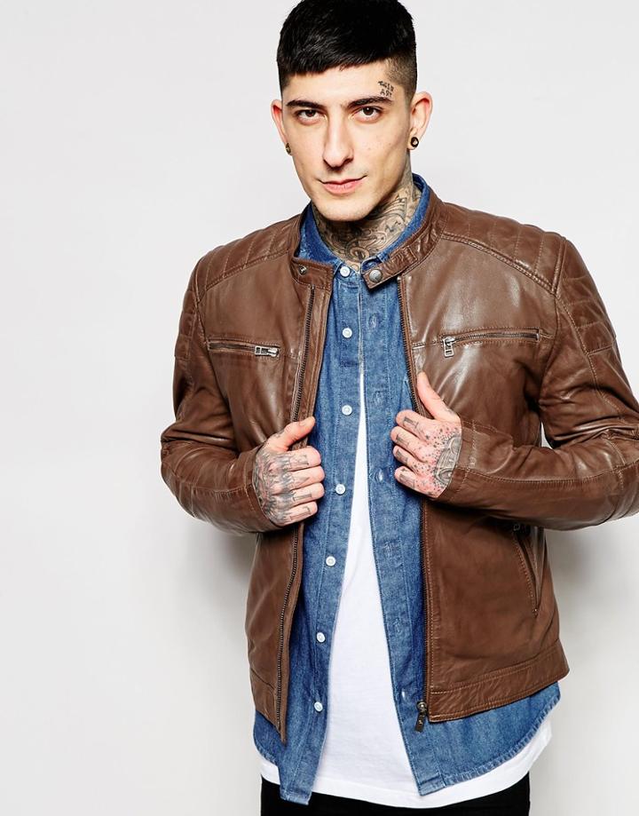 Goosecraft Leather Biker Jacket In Brown - Chestnut