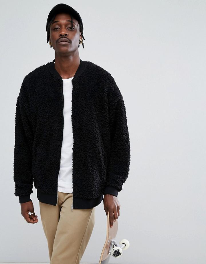 Asos Oversized Bomber Jacket In Borg - Black