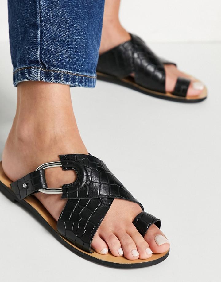Asos Design Fleet Street Leather Toe Loop Sandals In Black Croc
