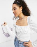 Asos Design Square Neck Ruched Bust Long Sleeve Top In White