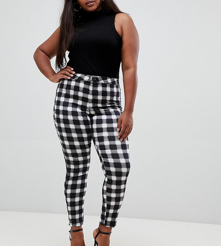 Asos Design Curve Rivington High Waisted Jeans In Blur Gingham Mono Print - Multi