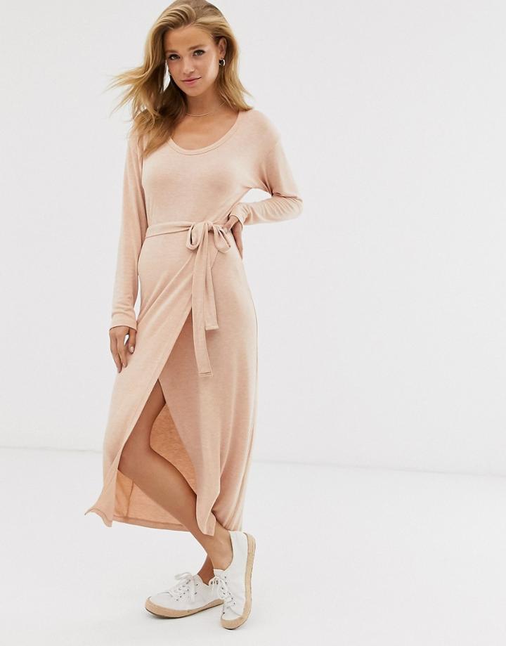 Asos Design Belted Marl Jersey Knit Midi Dress - Brown