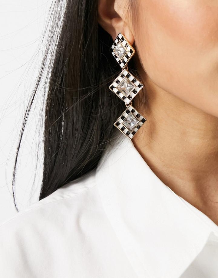 Asos Design Earrings With Crystal Checkerboard Drop In Gold Tone