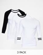 Asos Muscle 3/4 Sleeve T-shirt With Contrast Raglan Sleeves 3 Pack Save 22% - Multi