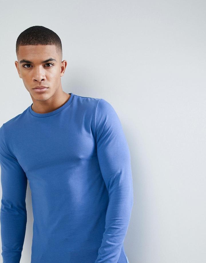 Asos Muscle Fit T-shirt With Long Sleeves In Blue - Blue
