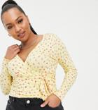 Asos Design Curve Wrap Top In Vintage Floral Print In Yellow