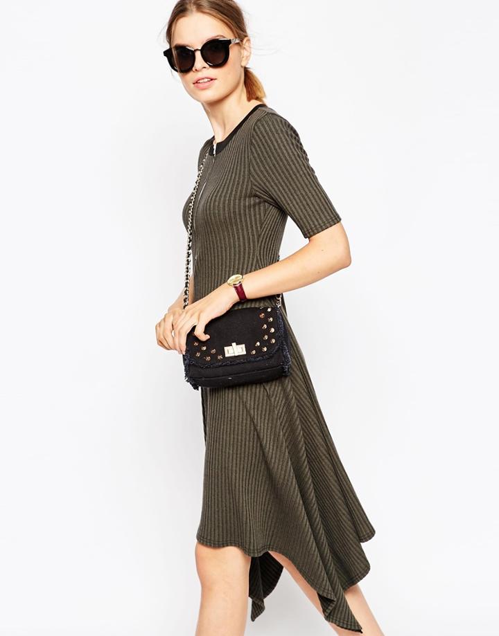 Asos Rib Marl Midi Dress With Zip Front - Green Marl