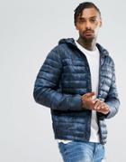 Pull & Bear Quilted Jacket With Hood In Blue Camo - Blue
