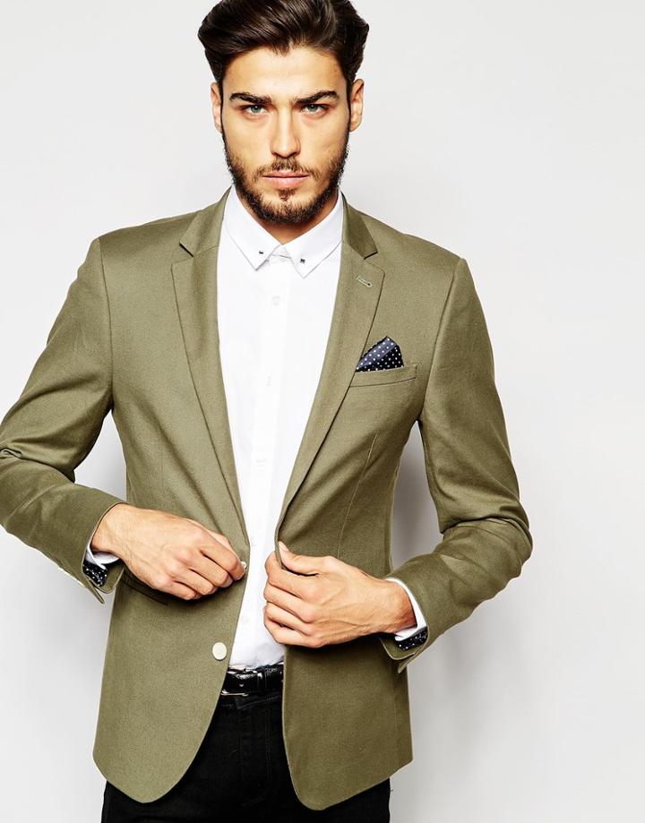 Asos Skinny Blazer In Cotton - Khaki