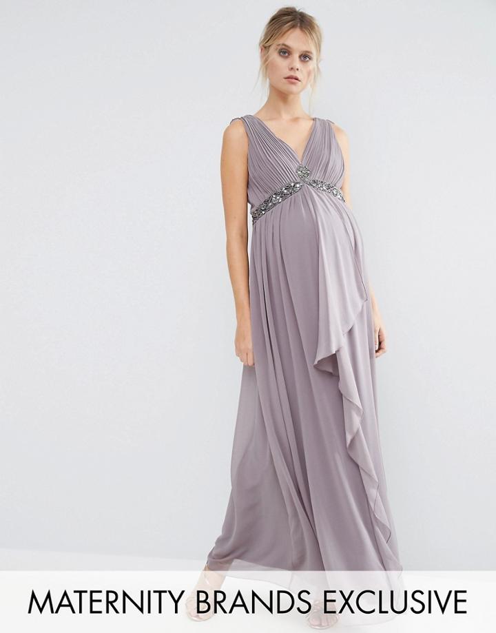 Little Mistress Maternity Embellished Waist Maxi Dress With Cross Back Detail - Gray