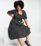 Lola May Plus Ditsy Heart Print Puff Sleeve Dress-black