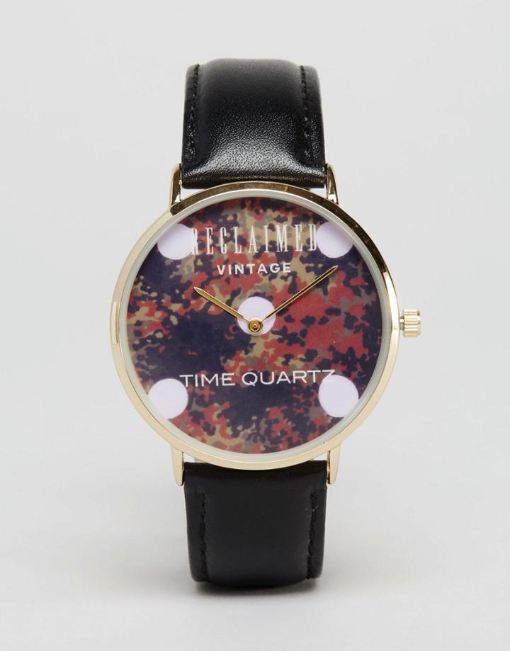 Reclaimed Vintage Polkadot Camo Watch In Leather - Black