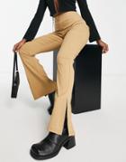 Topshop High Waist Bengaline Flared Pants With Side Slits In Camel-brown