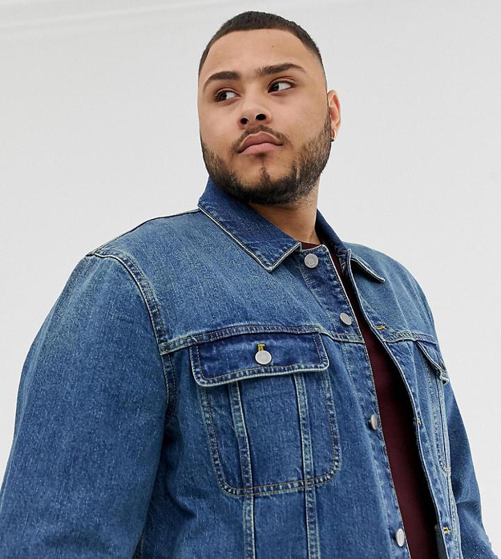 Asos Design Plus Regular Denim Jacket In Mid Wash - Blue