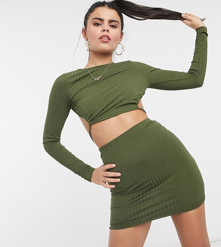 Asos Design Petite Long Sleeve Strappy Rib Mini Dress In Khaki-green
