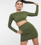 Asos Design Petite Long Sleeve Strappy Rib Mini Dress In Khaki-green