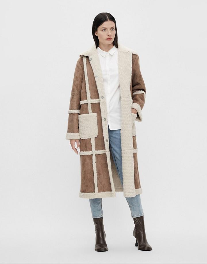 Object Long Coat With Borg Seam Detail In Tan-brown