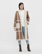 Object Long Coat With Borg Seam Detail In Tan-brown
