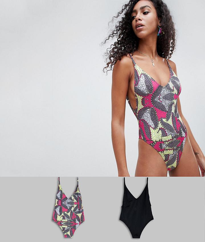 Asos Design Recycled Black And Graphic Print Swimsuit Multi Pack
