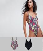 Asos Design Recycled Black And Graphic Print Swimsuit Multi Pack