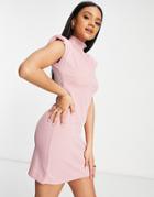 I Saw It First Ribbed High Neck Body-conscious Dress With Shoulder Pads In Pink