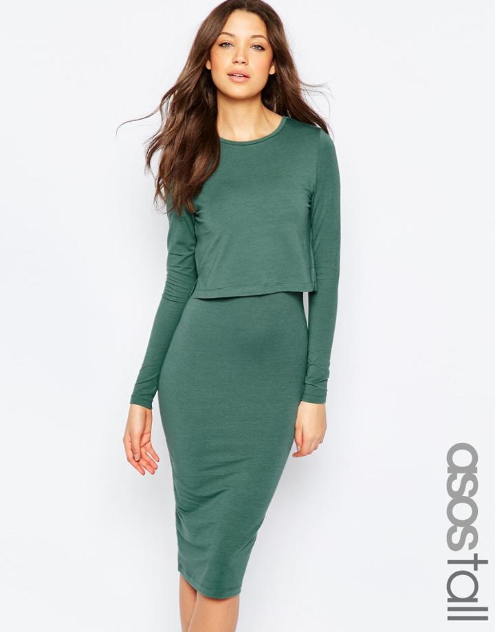 Asos Tall Body-conscious Dress With Overlay - Forest Green