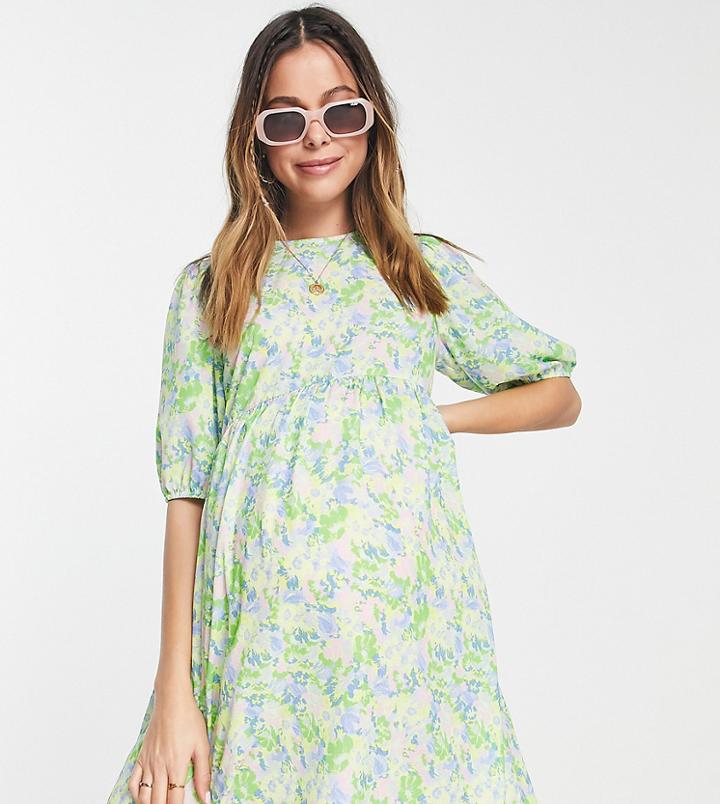 Asos Design Maternity Short Sleeve Smock Mini Dress In Yellow Floral Print-multi