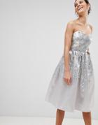 City Goddess Sweetheart Neckline Sequin Midi Dress - Silver