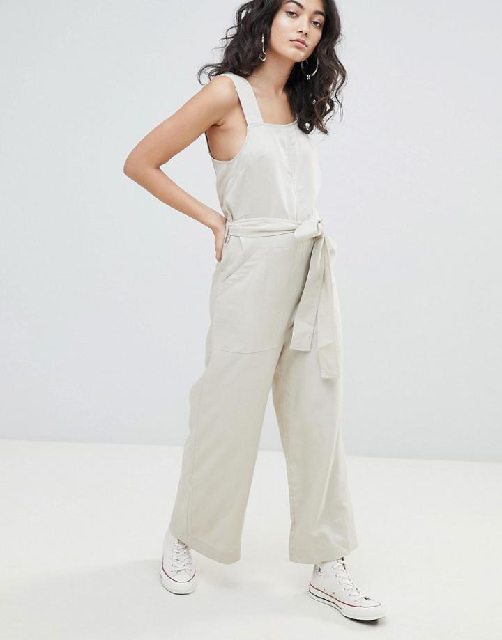 Weekday Wide Leg Jumpsuit With Tie Waist - White