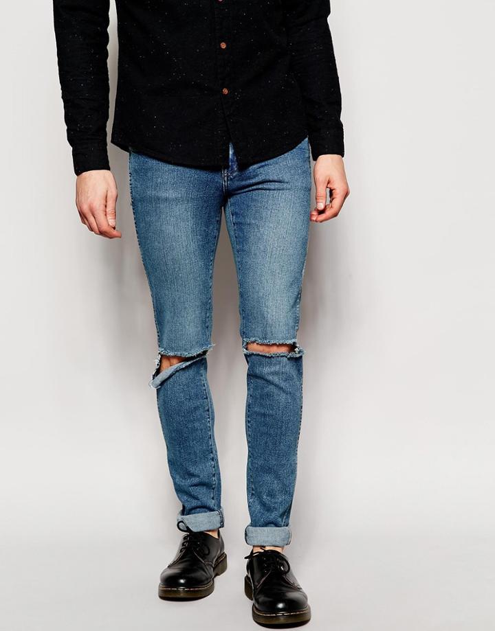 Dr Denim Jeans Snap Skinny Fit With Rips In Light Stone Wash - Blue