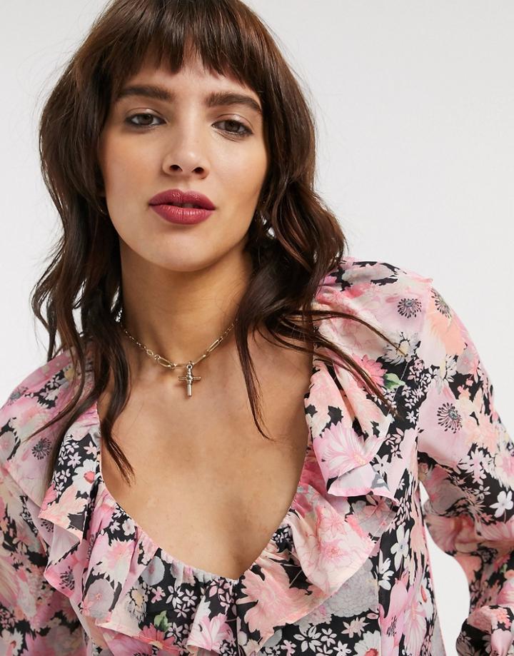 Asos Design Maxi Dress With Frills In Bright Floral Print-multi