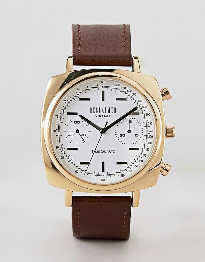 Reclaimed Vintage Inspired Square Chronograph Leather Watch In Brown 42mm Exclusive To Asos - Brown