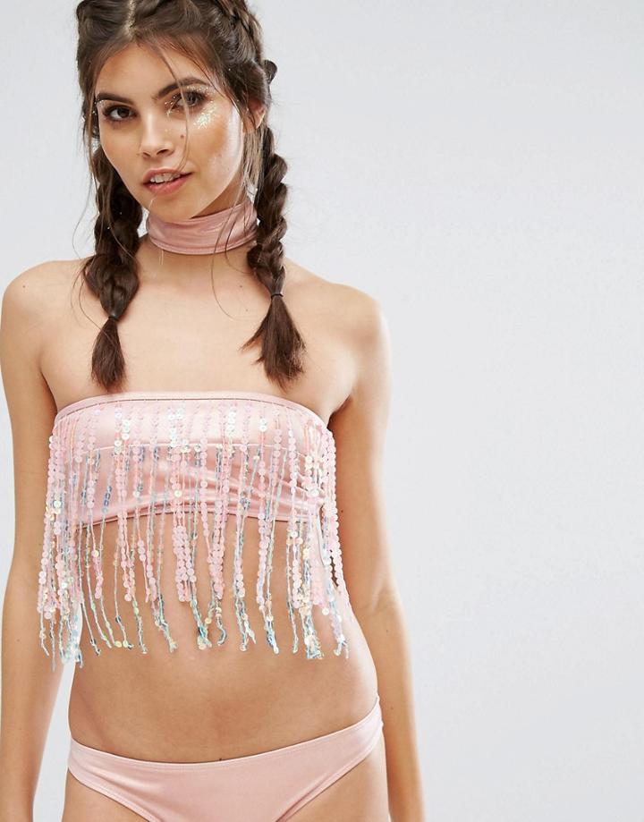 Jaded London Sequin Fringe Removable Choker Bikini Top - Multi
