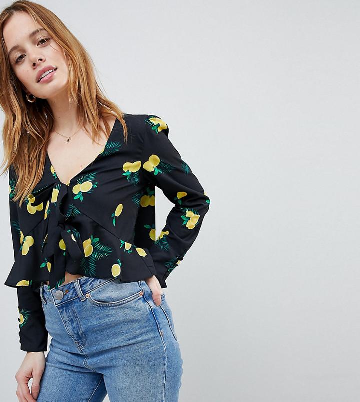 Asos Petite Ruffle Top With Tie Front In Lemon Print - Multi