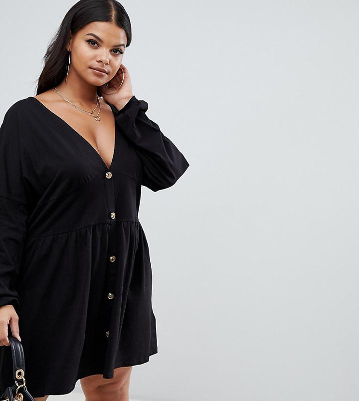 Asos Design Curve Long Sleeve Smock Dress With Buttons And Waist Panel - Black
