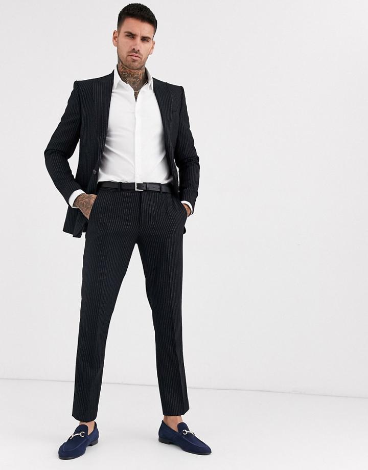 River Island Suit Pants In Black Pinstripe-navy