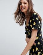 Asos Design Button Through Tea Dress With Frill Sleeve In Marigold Print - Multi