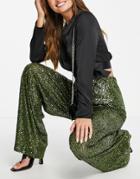 Flounce London Sequin Wide Leg Pant In Khaki - Part Of A Set-green