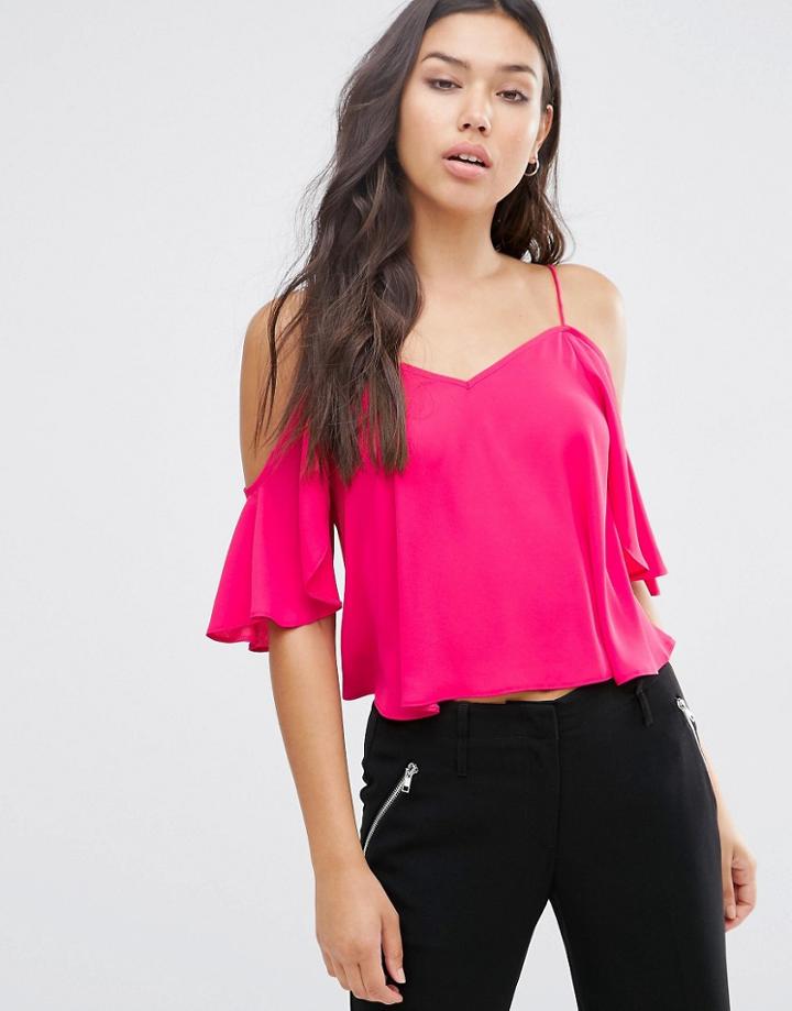 Asos V Neck Cropped Cold Shoulder Cami Top - Hot Pink