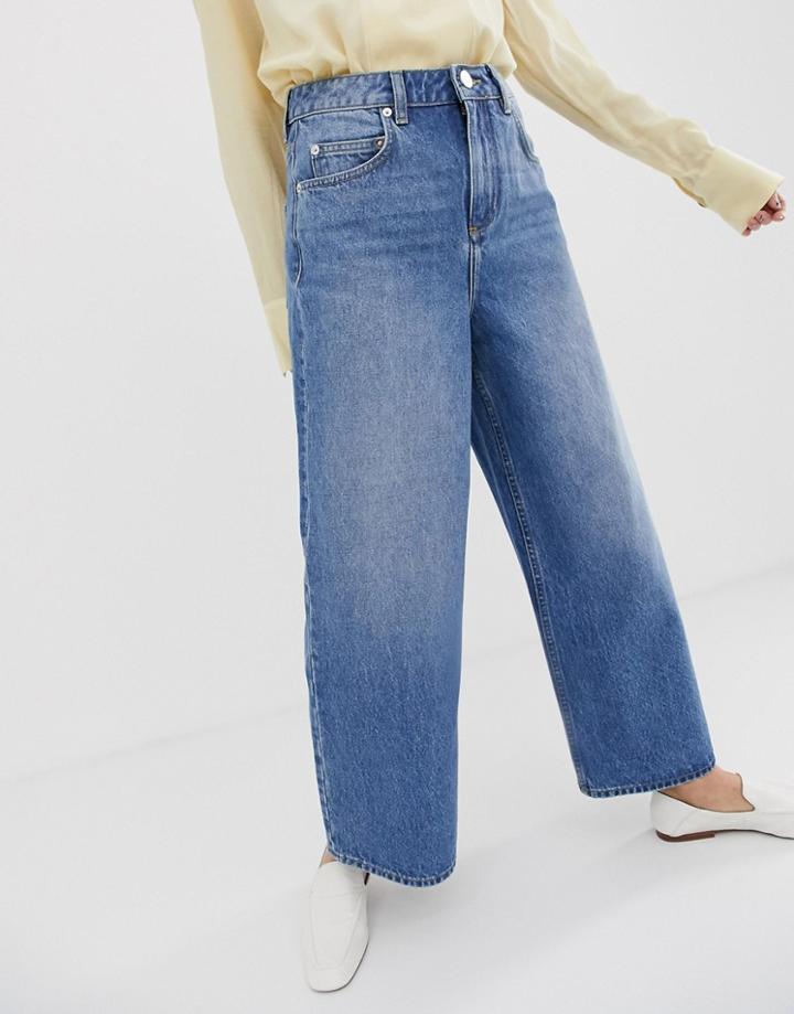 Asos Design Premium Wide Leg Jeans In Mid Wash Blue - Blue