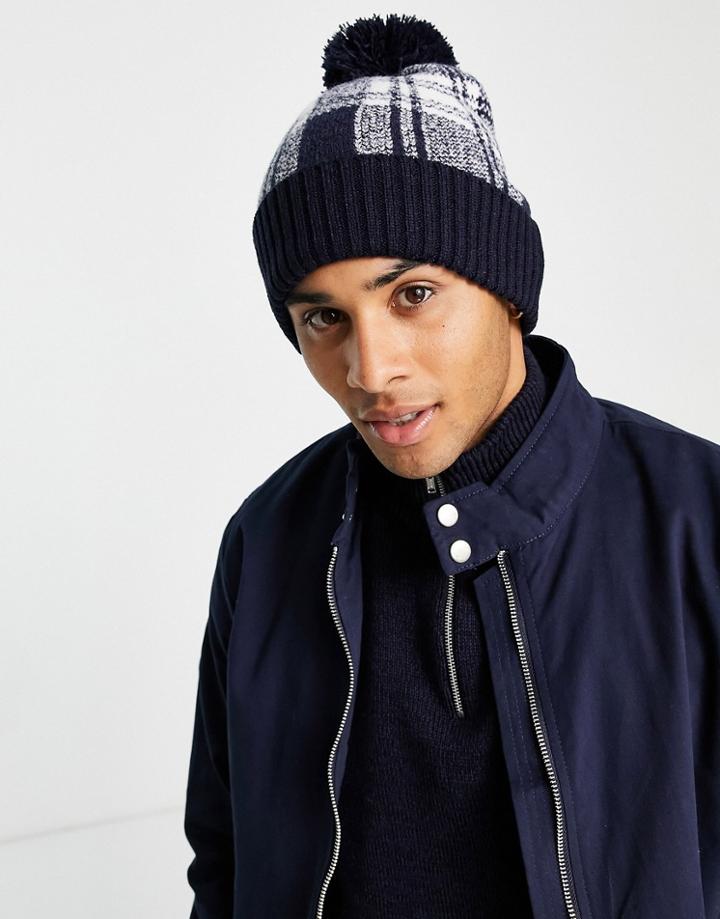 Boardmans Check Pom Beanie Hat In Navy