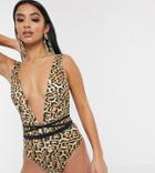 Asos Design Petite Glam Belted Plunge Swimsuit In Animal Leopard Print-multi