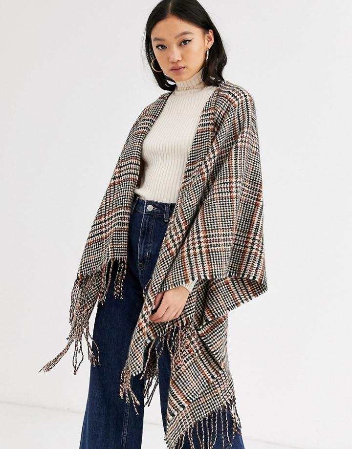 Asos Design Cape In Tweed Check With Tassels-multi