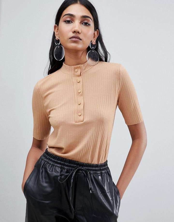 Mango Ribbed Button Detail Sleeve Top In Beige - Beige